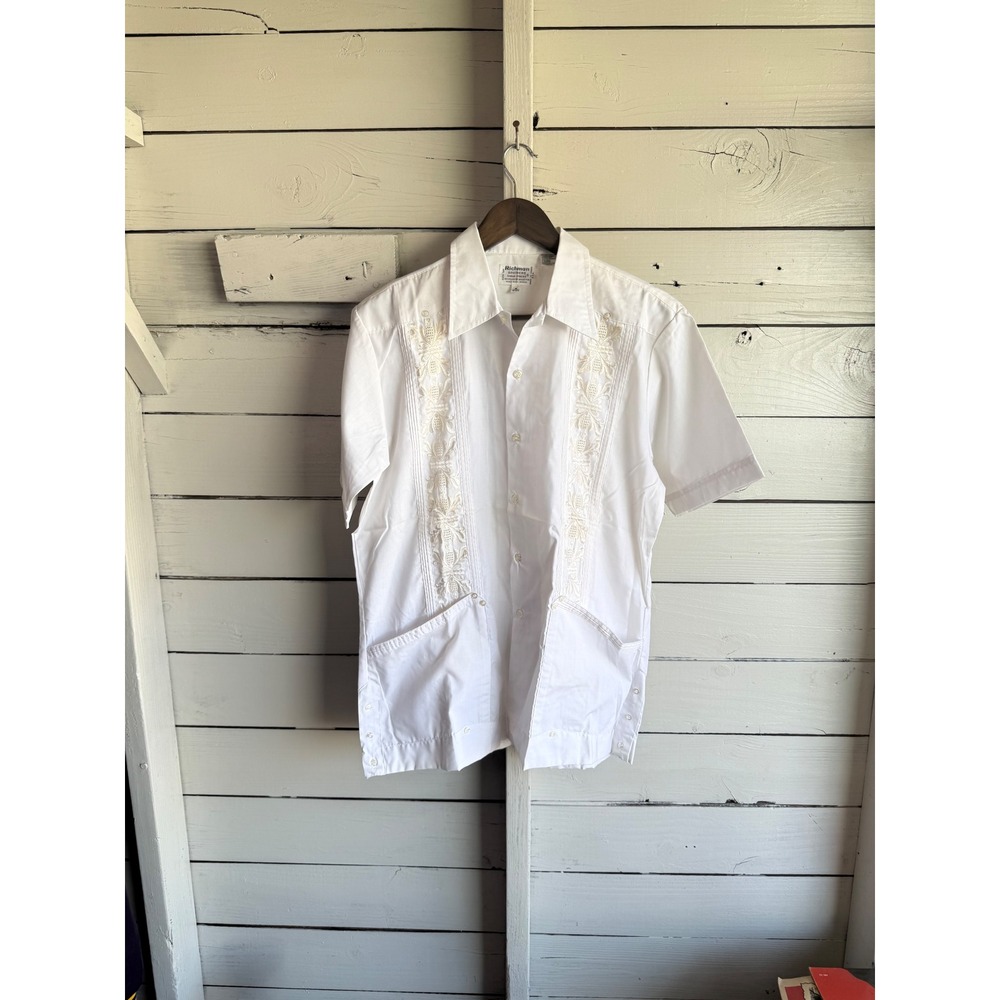 Vintage Richman Brothers White Guayabera Shirt Mens Medium Embroidered Cuban